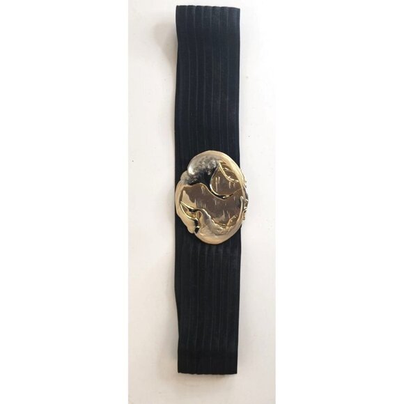 Crane Bird Gold Enameled Buckle Charmant Belts Black Stretch Belt With Decorativ - Picture 3 of 9